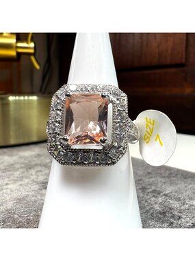 Ring Bomb Party Ring, size 7, light peach stone silver color band, CZ looking ac